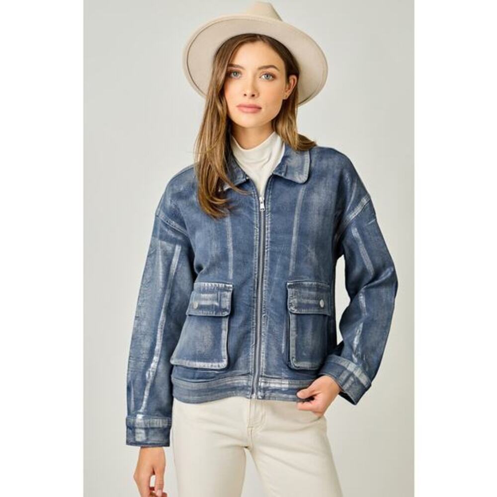 Mystree Denim Pearl Size Medium Metallic Washed Denim Jacket